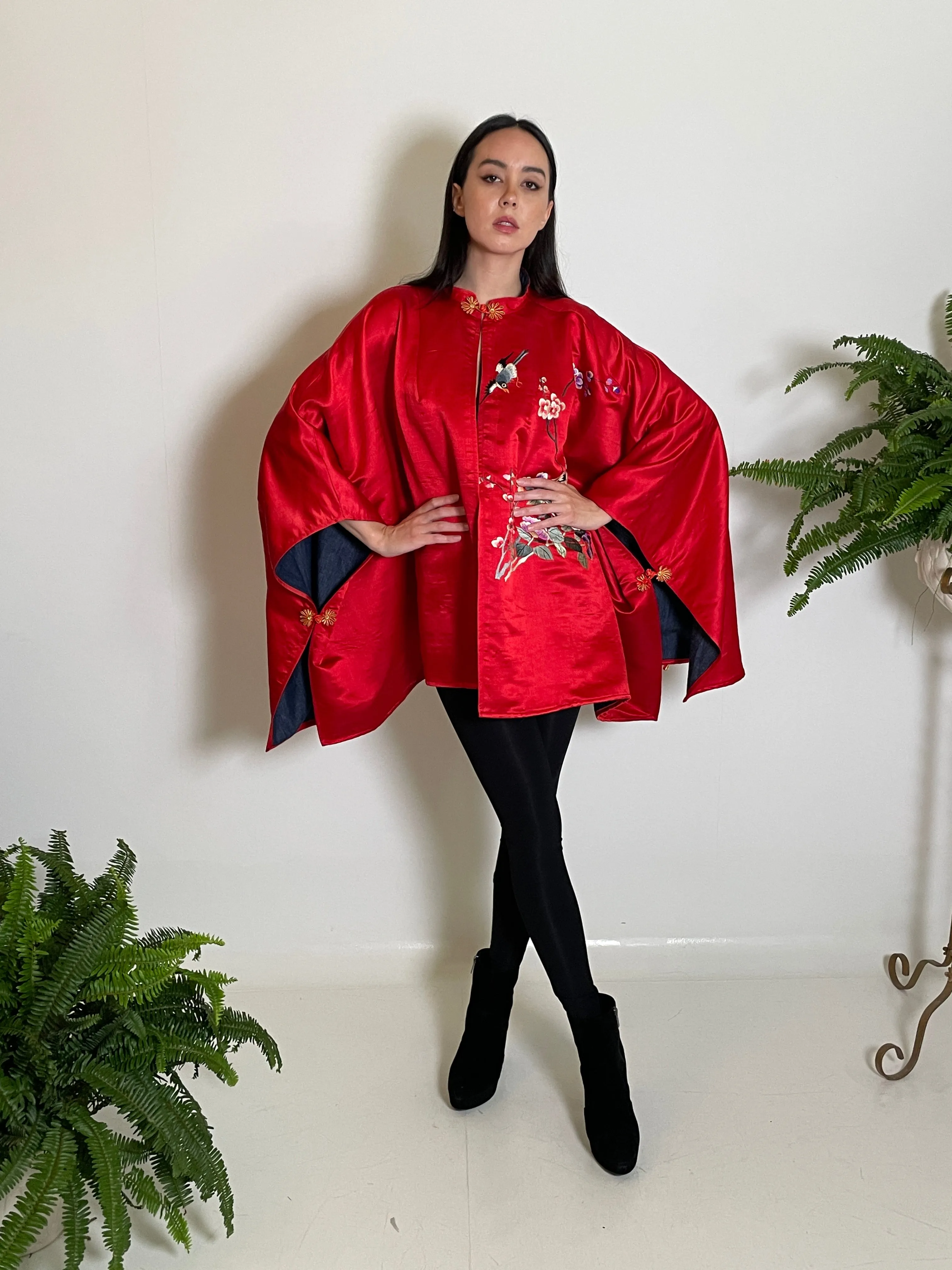 Poncho in Crimson Vintage Silk Satin with Hand Embroidery