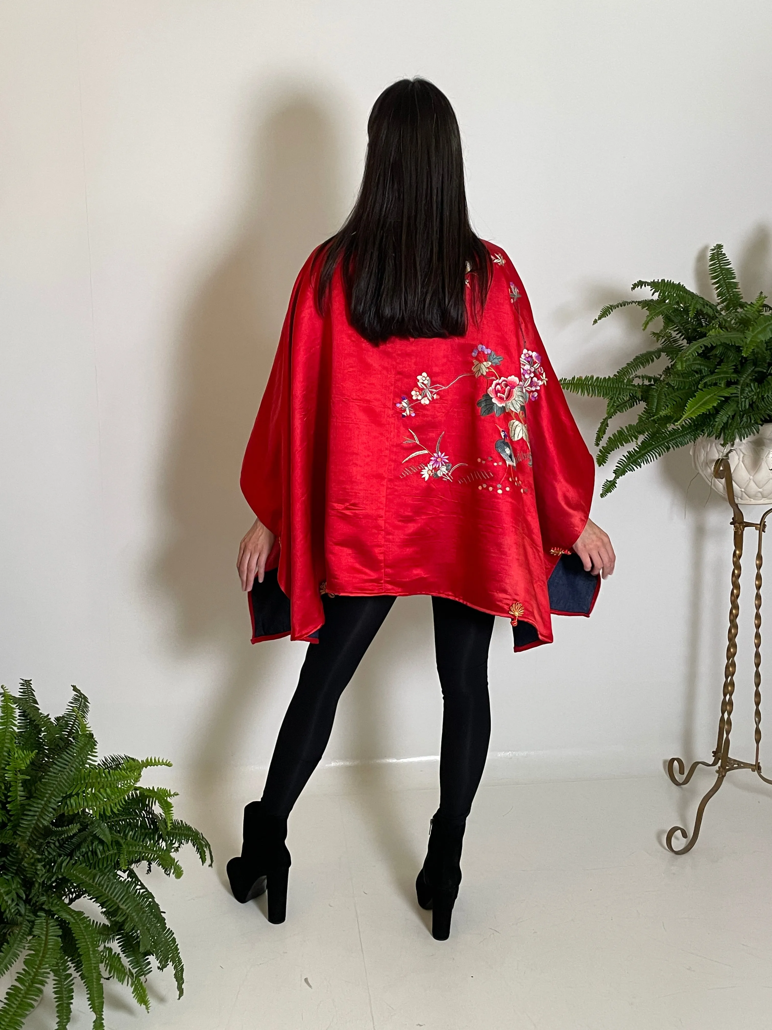 Poncho in Crimson Vintage Silk Satin with Hand Embroidery