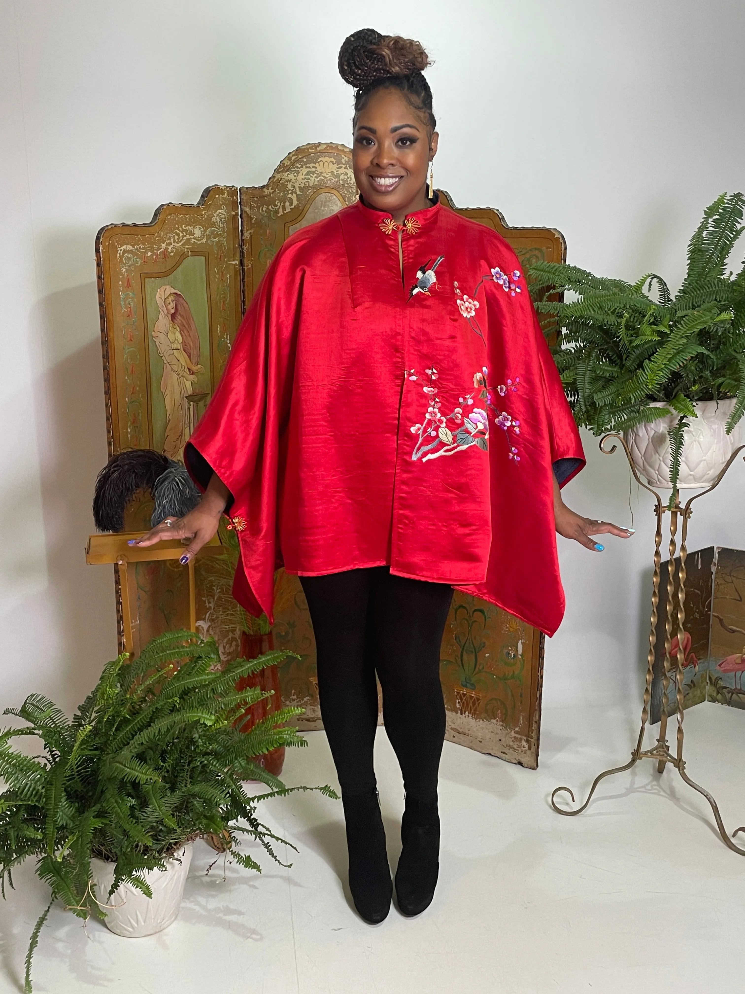 Poncho in Crimson Vintage Silk Satin with Hand Embroidery