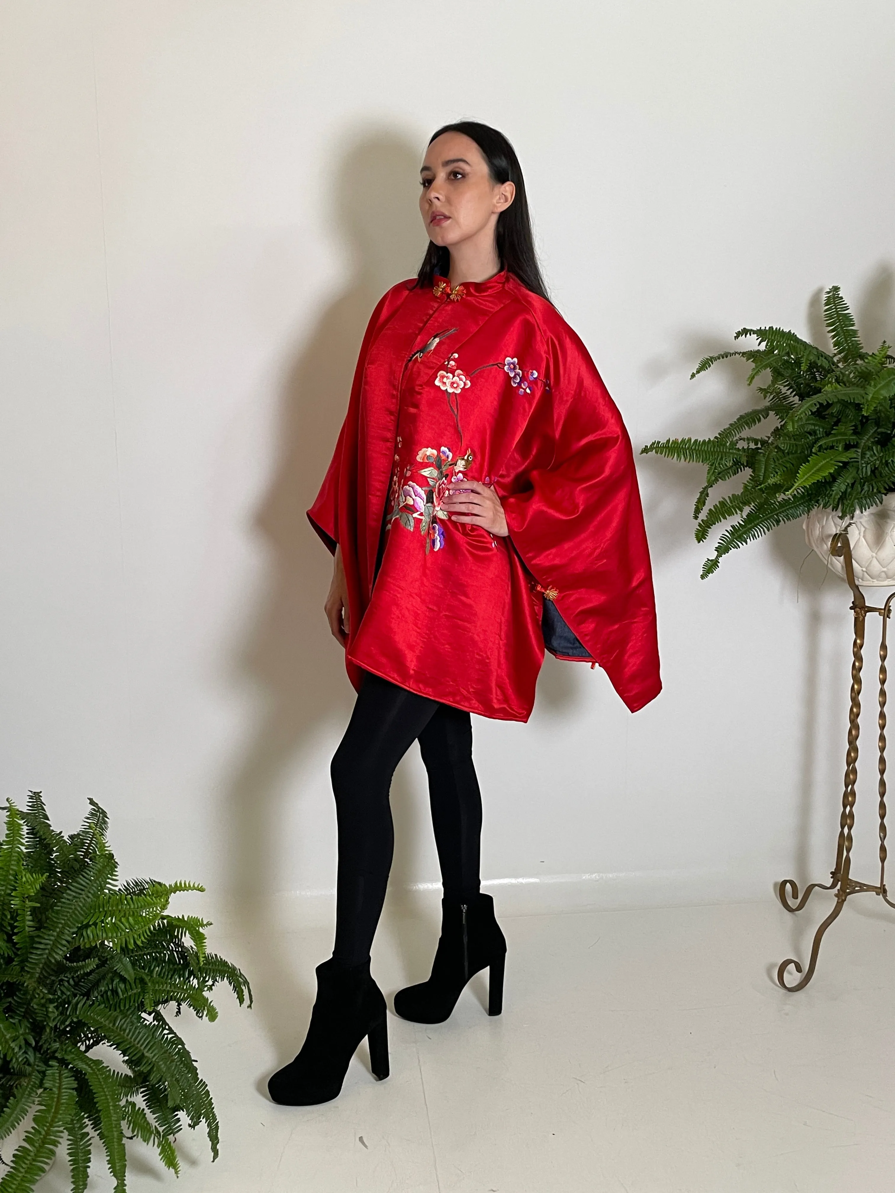 Poncho in Crimson Vintage Silk Satin with Hand Embroidery