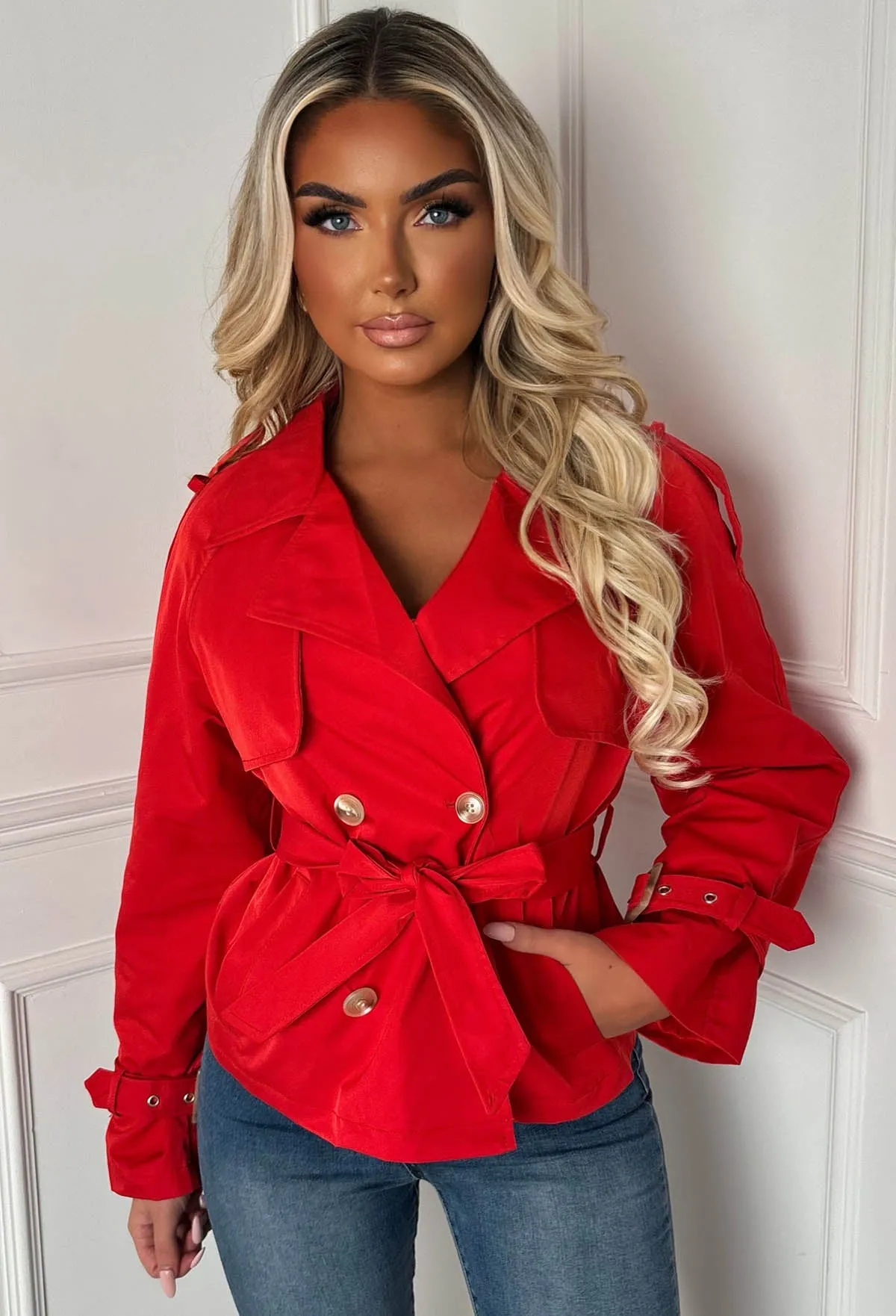 Private Society Red Belted Cropped Trench Coat