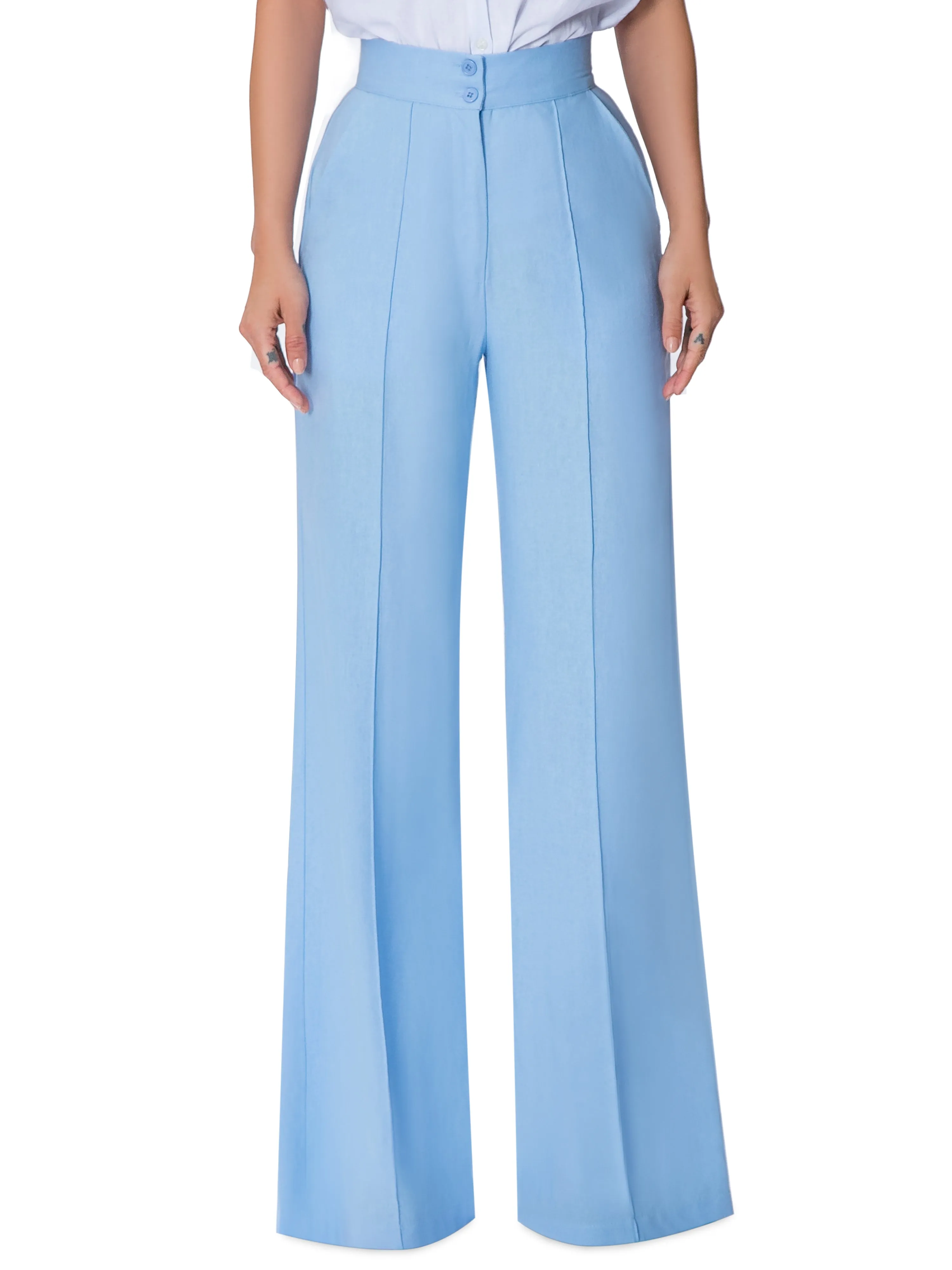 "Laguna" Blue Linen High Waist Pants