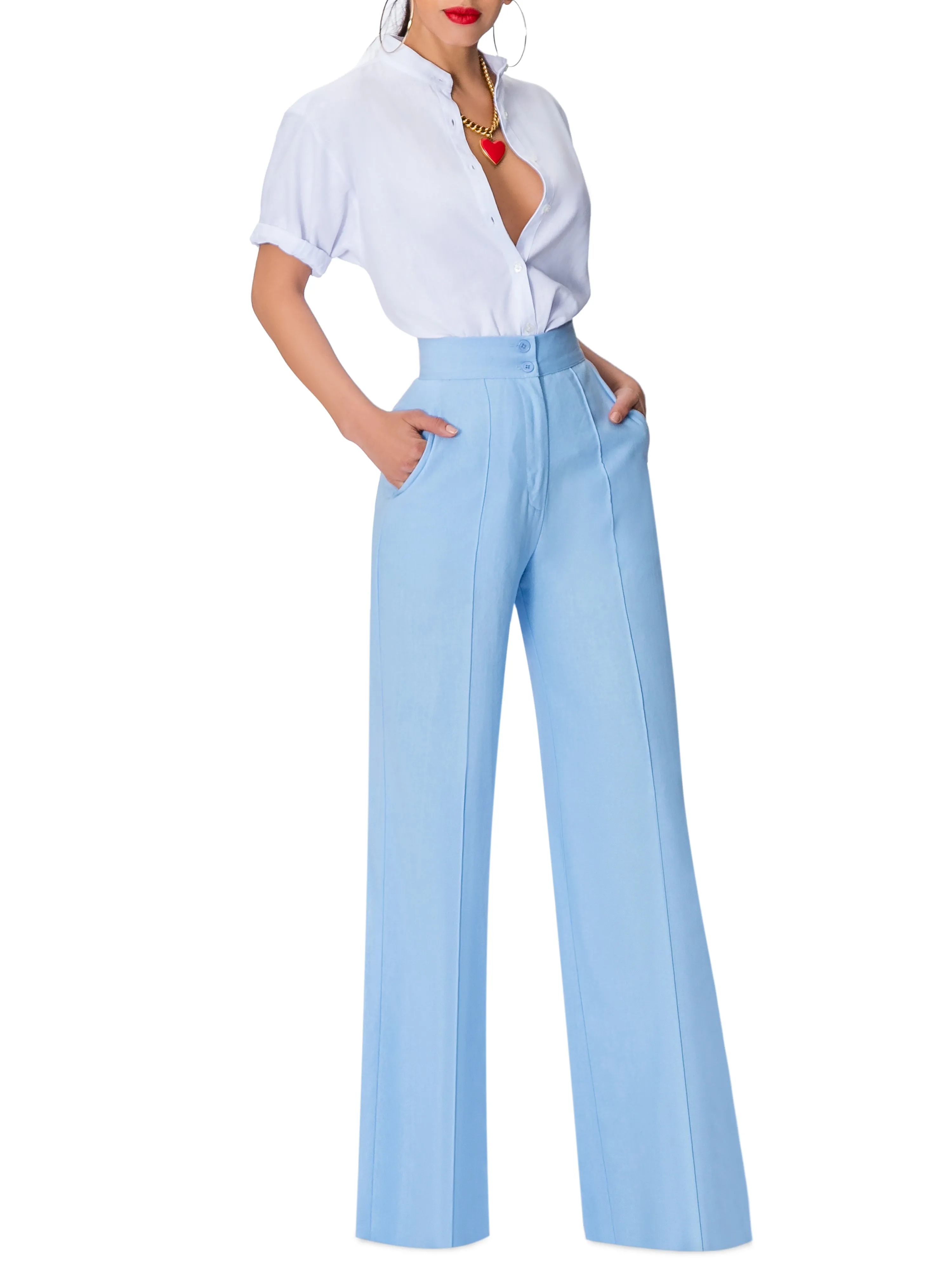 "Laguna" Blue Linen High Waist Pants