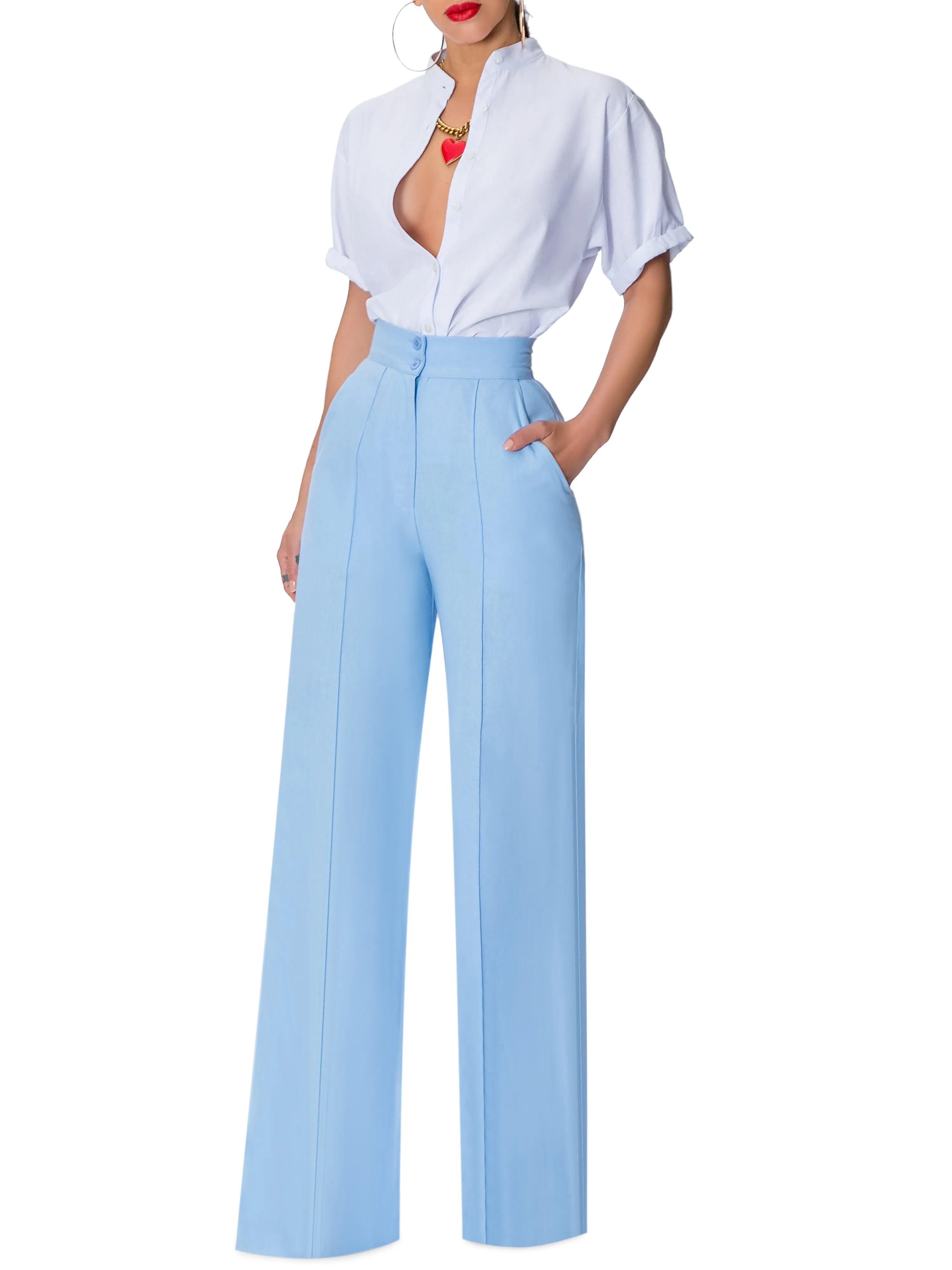 "Laguna" Blue Linen High Waist Pants