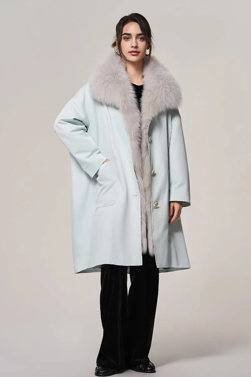 Rex Rabbit Fur Lined Shawl Collar Parka Coat with Detachable Fox Fur Collar