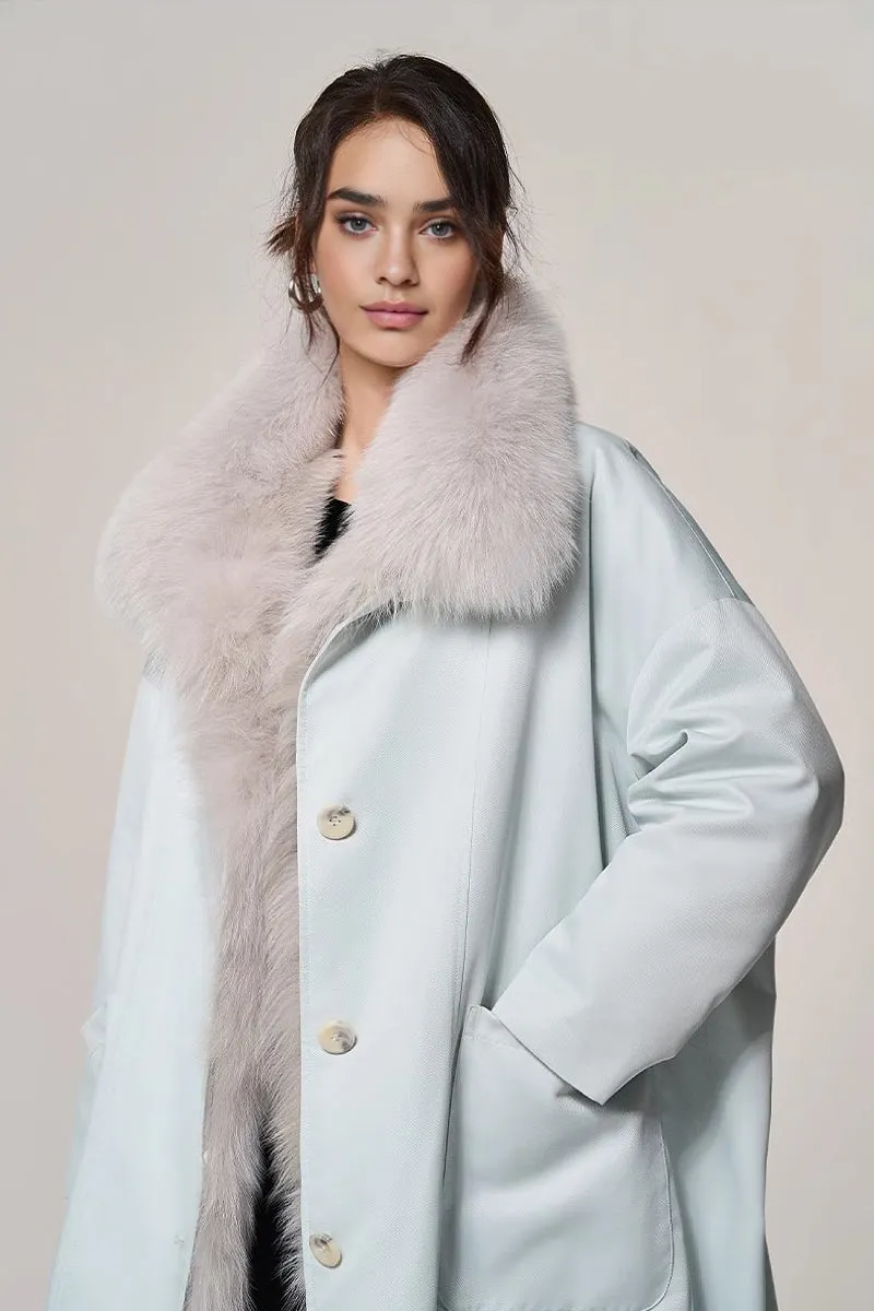 Rex Rabbit Fur Lined Shawl Collar Parka Coat with Detachable Fox Fur Collar