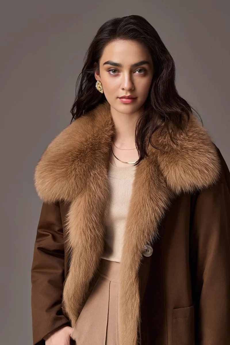 Rex Rabbit Fur Lined Shawl Collar Parka Coat with Detachable Fox Fur Collar