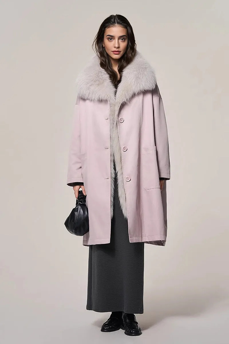 Rex Rabbit Fur Lined Shawl Collar Parka Coat with Detachable Fox Fur Collar