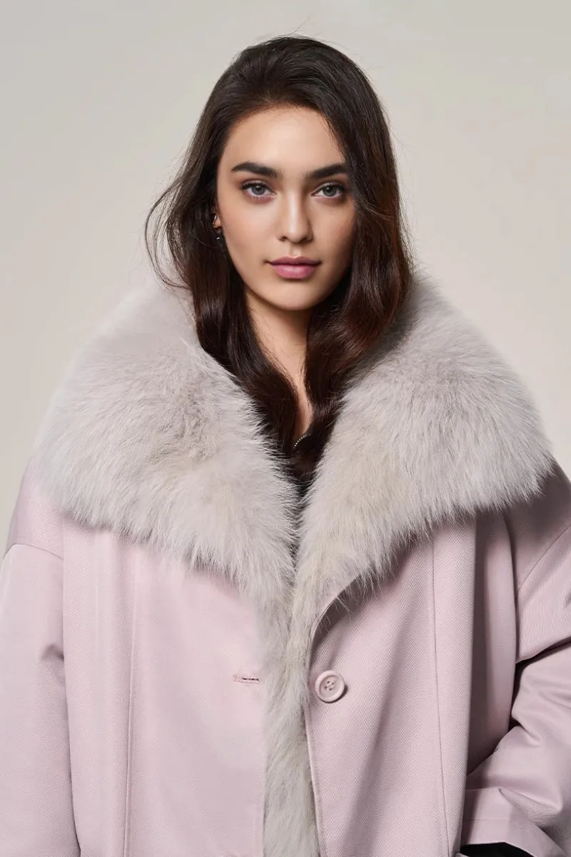 Rex Rabbit Fur Lined Shawl Collar Parka Coat with Detachable Fox Fur Collar