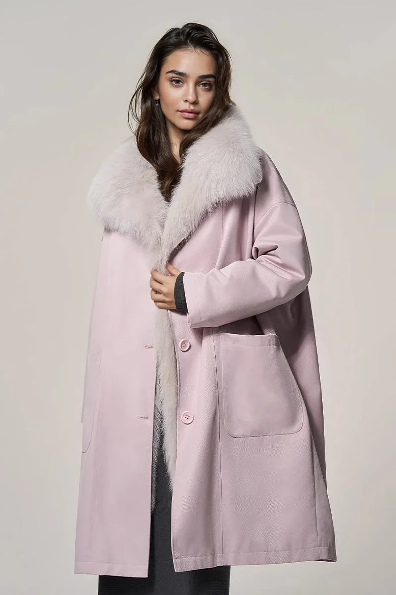 Rex Rabbit Fur Lined Shawl Collar Parka Coat with Detachable Fox Fur Collar