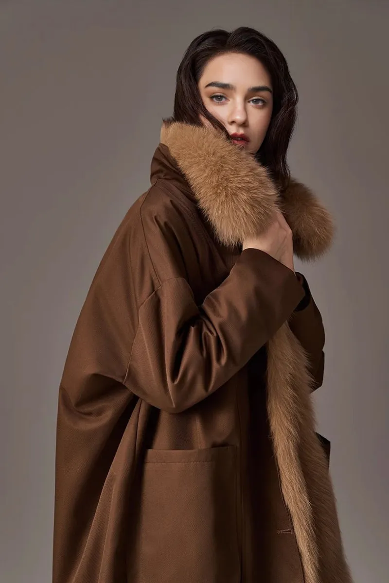 Rex Rabbit Fur Lined Shawl Collar Parka Coat with Detachable Fox Fur Collar