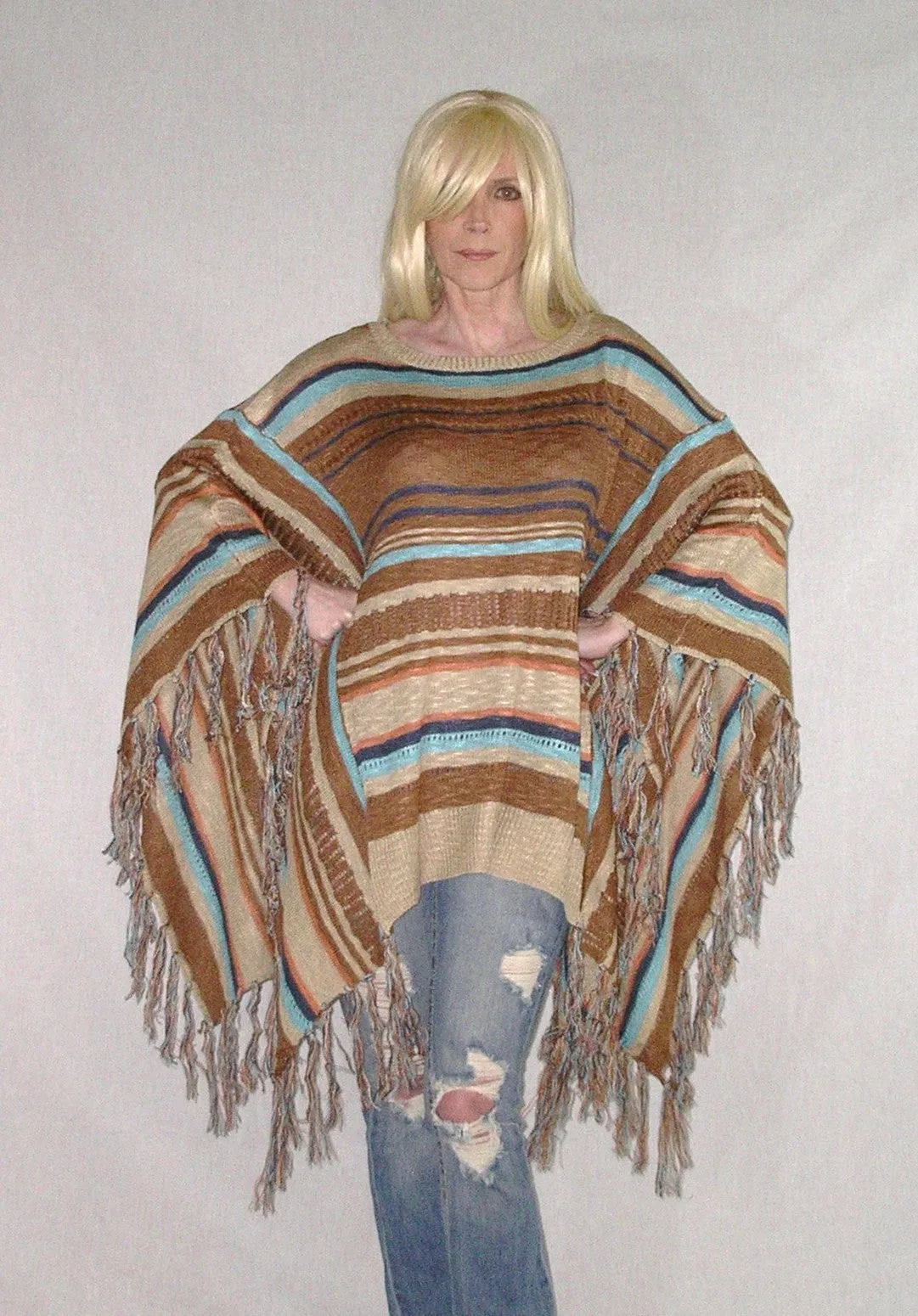 SALE 50% OFF Mexican Blanket Poncho Boho Sweater With Fringe Brown Tan And Turquoise In Sizes XS - Small Or Medium - Large