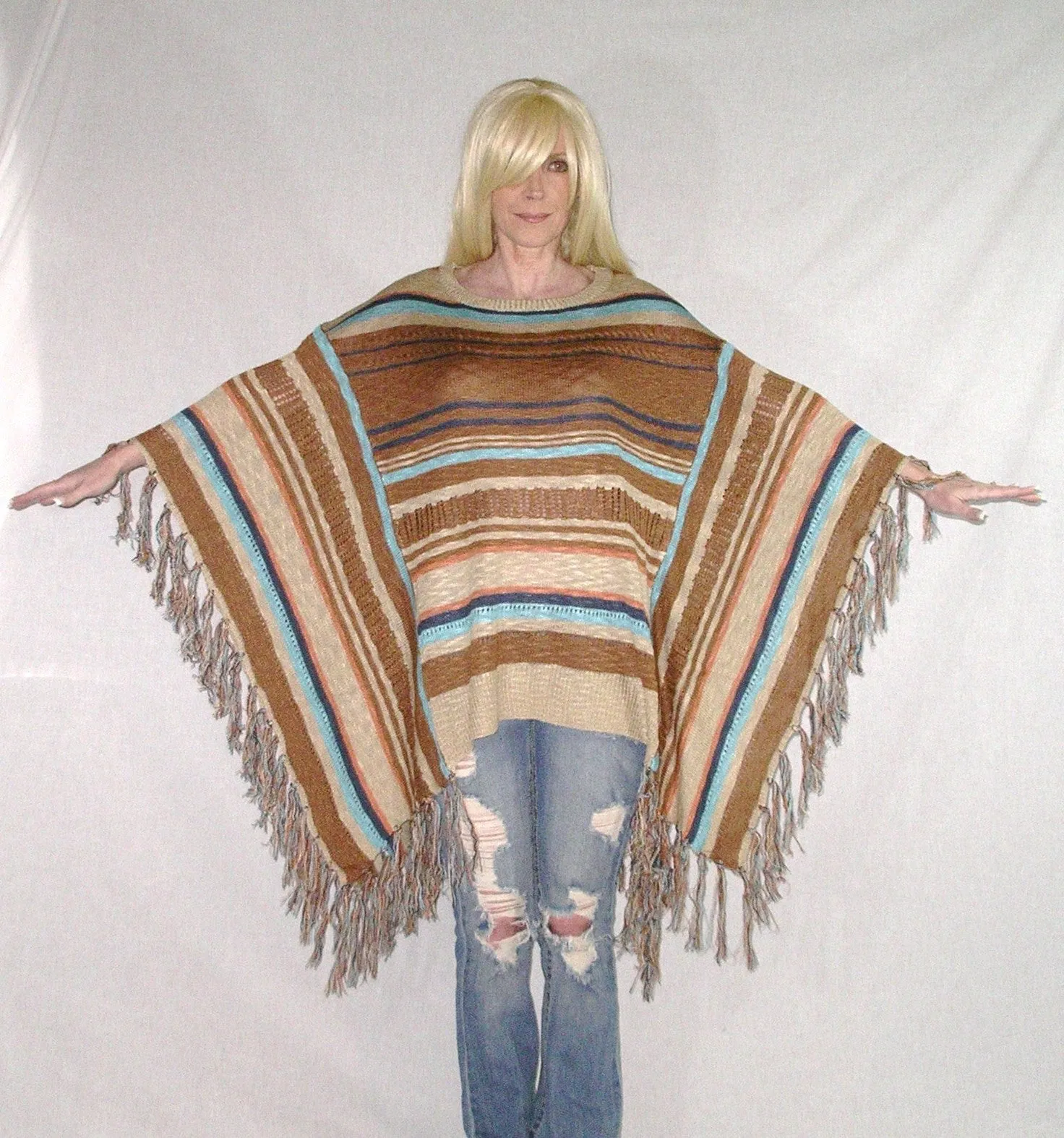 SALE 50% OFF Mexican Blanket Poncho Boho Sweater With Fringe Brown Tan And Turquoise In Sizes XS - Small Or Medium - Large