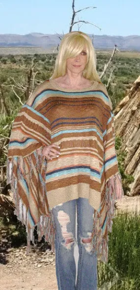 SALE 50% OFF Mexican Blanket Poncho Boho Sweater With Fringe Brown Tan And Turquoise In Sizes XS - Small Or Medium - Large