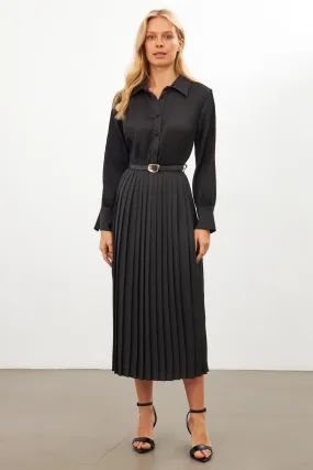 Setre Belted Pleated Shirt Collar Long Sleeve Dress Black