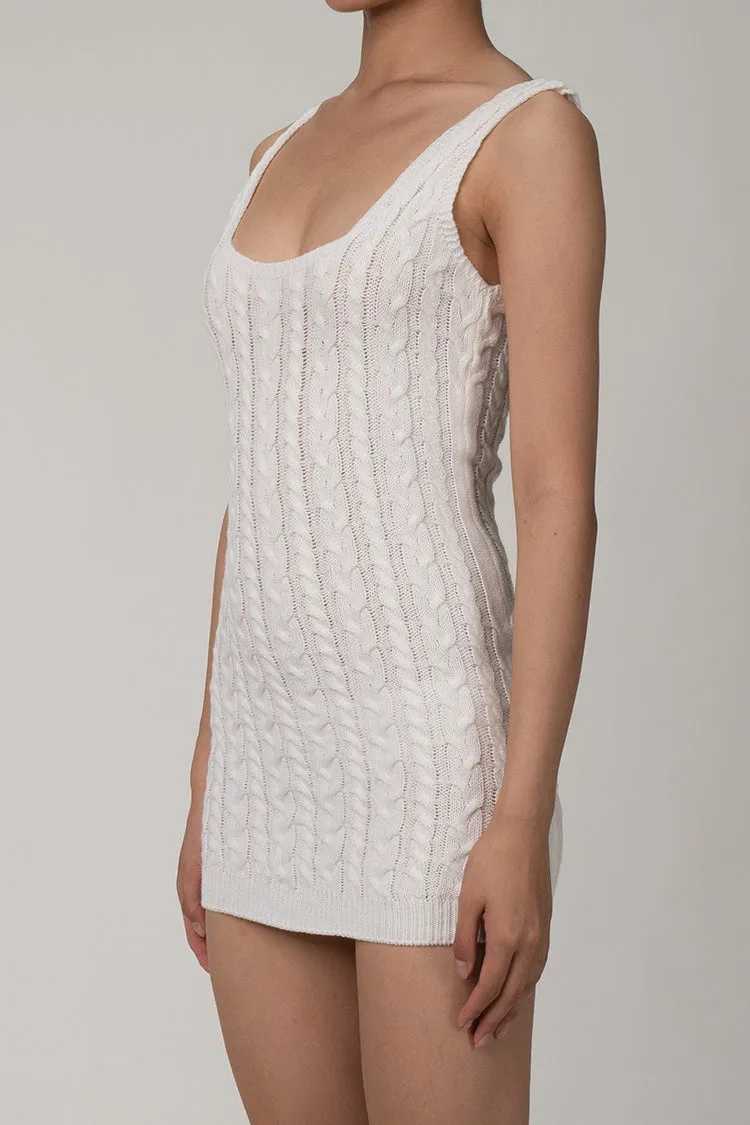 Sexy Cable Knit Sleeveless Mini Sweater Dress - White