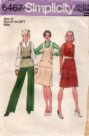 Simplicity 6467 Womens Jumper Dress Top Skirt & Pants 1970s Vintage Sewing Pattern Size 12 Bust 34 inches