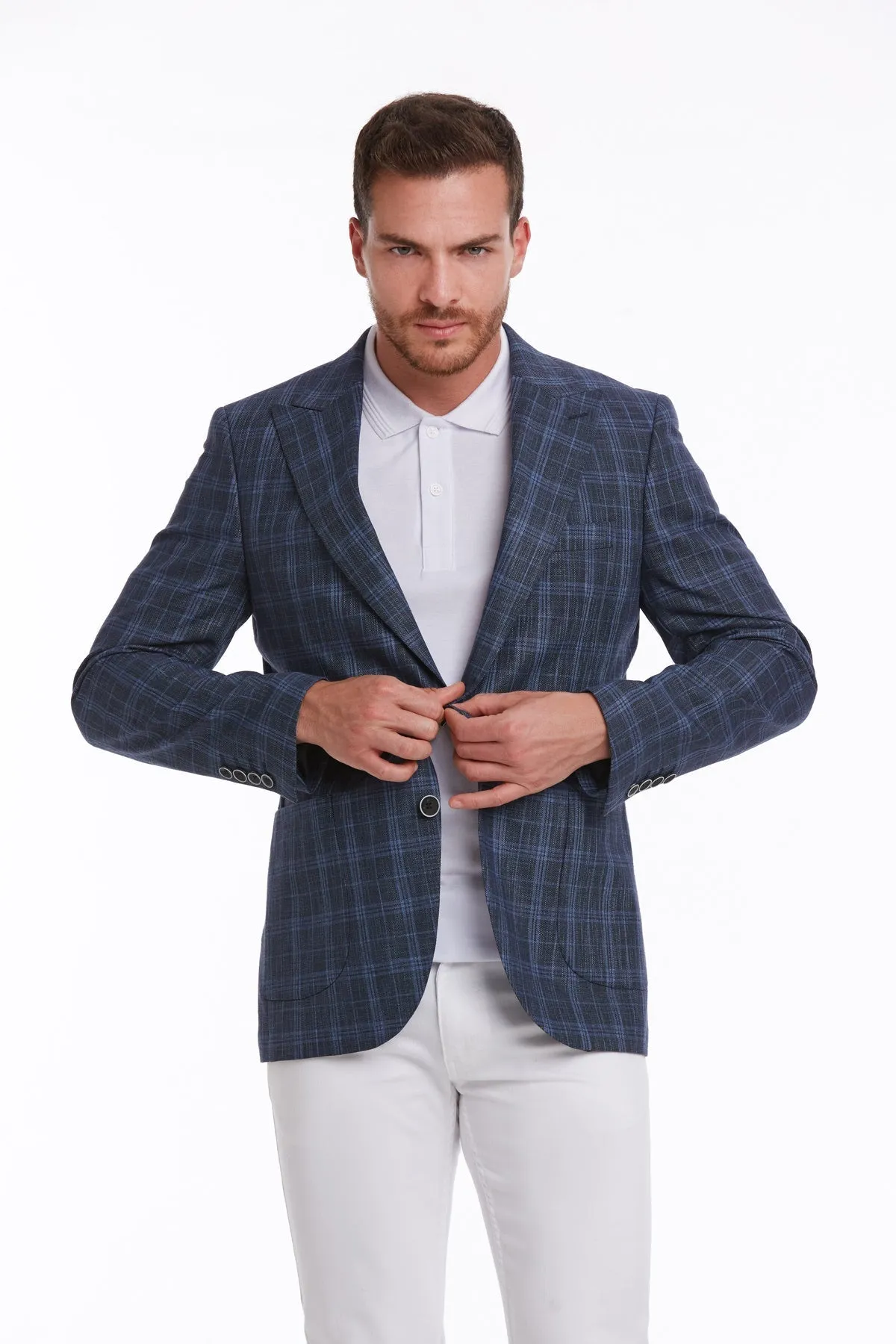 Slim Fit Navy Peak Lapel Plaid Linen Classic Blazer