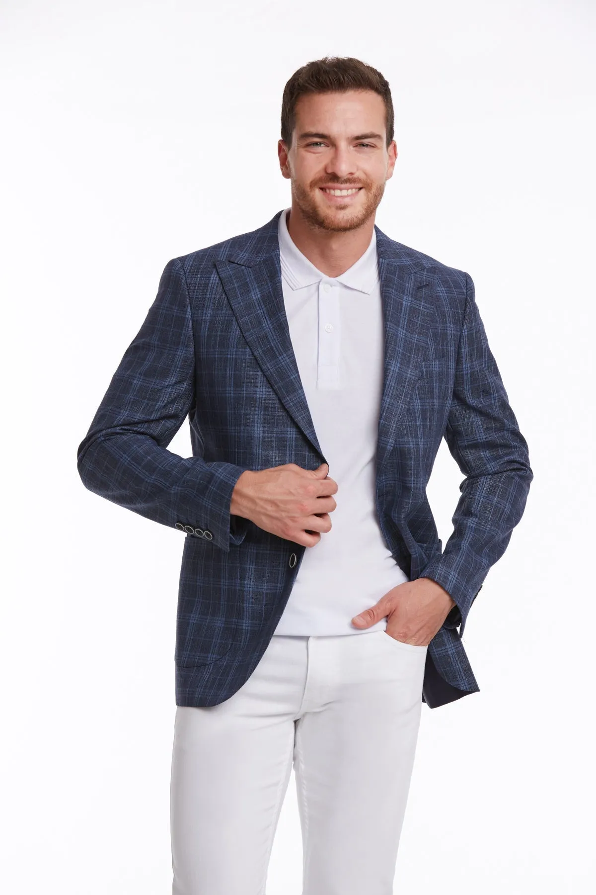 Slim Fit Navy Peak Lapel Plaid Linen Classic Blazer