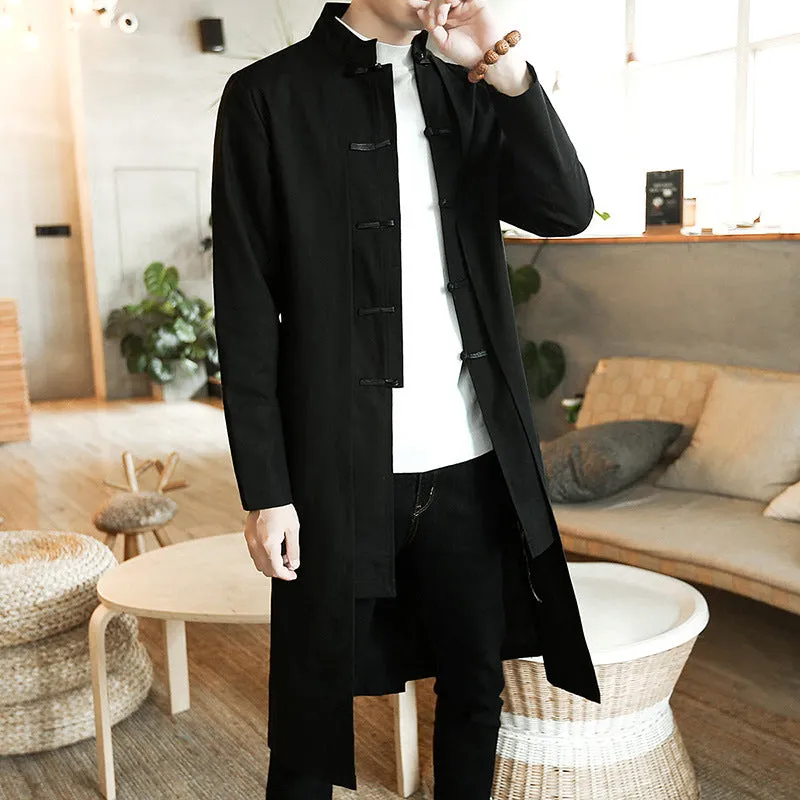 Solid Black Mid-Length Trench Coat For Men's