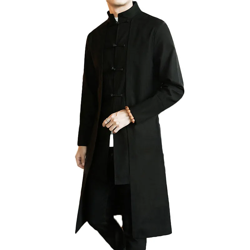 Solid Black Mid-Length Trench Coat For Men's