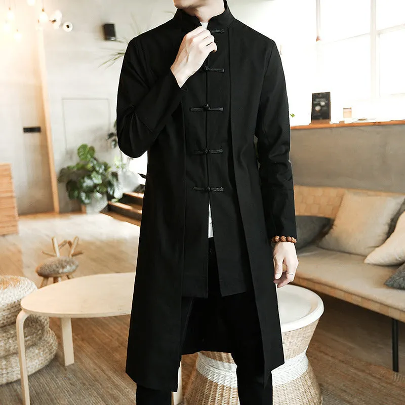 Solid Black Mid-Length Trench Coat For Men's