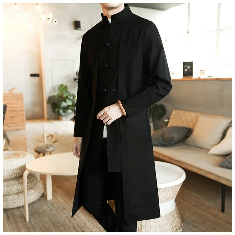 Solid Black Mid-Length Trench Coat For Men's