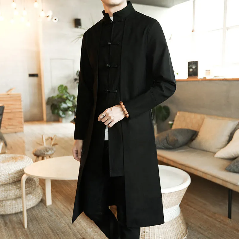 Solid Black Mid-Length Trench Coat For Men's