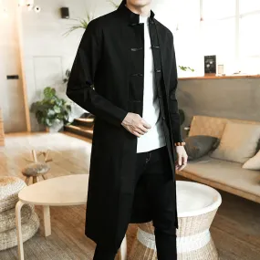 Solid Black Mid-Length Trench Coat For Men's