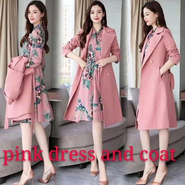 Spring Autumn Trench Coat Slim OL Ladies Trench Coat Women Dress Women Windbreakers Plus Size Two Pieces Women Sets Trench Coats