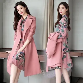 Spring Autumn Trench Coat Slim OL Ladies Trench Coat Women Dress Women Windbreakers Plus Size Two Pieces Women Sets Trench Coats