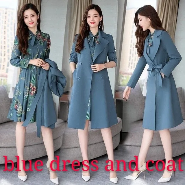 Spring Autumn Trench Coat Slim OL Ladies Trench Coat Women Dress Women Windbreakers Plus Size Two Pieces Women Sets Trench Coats