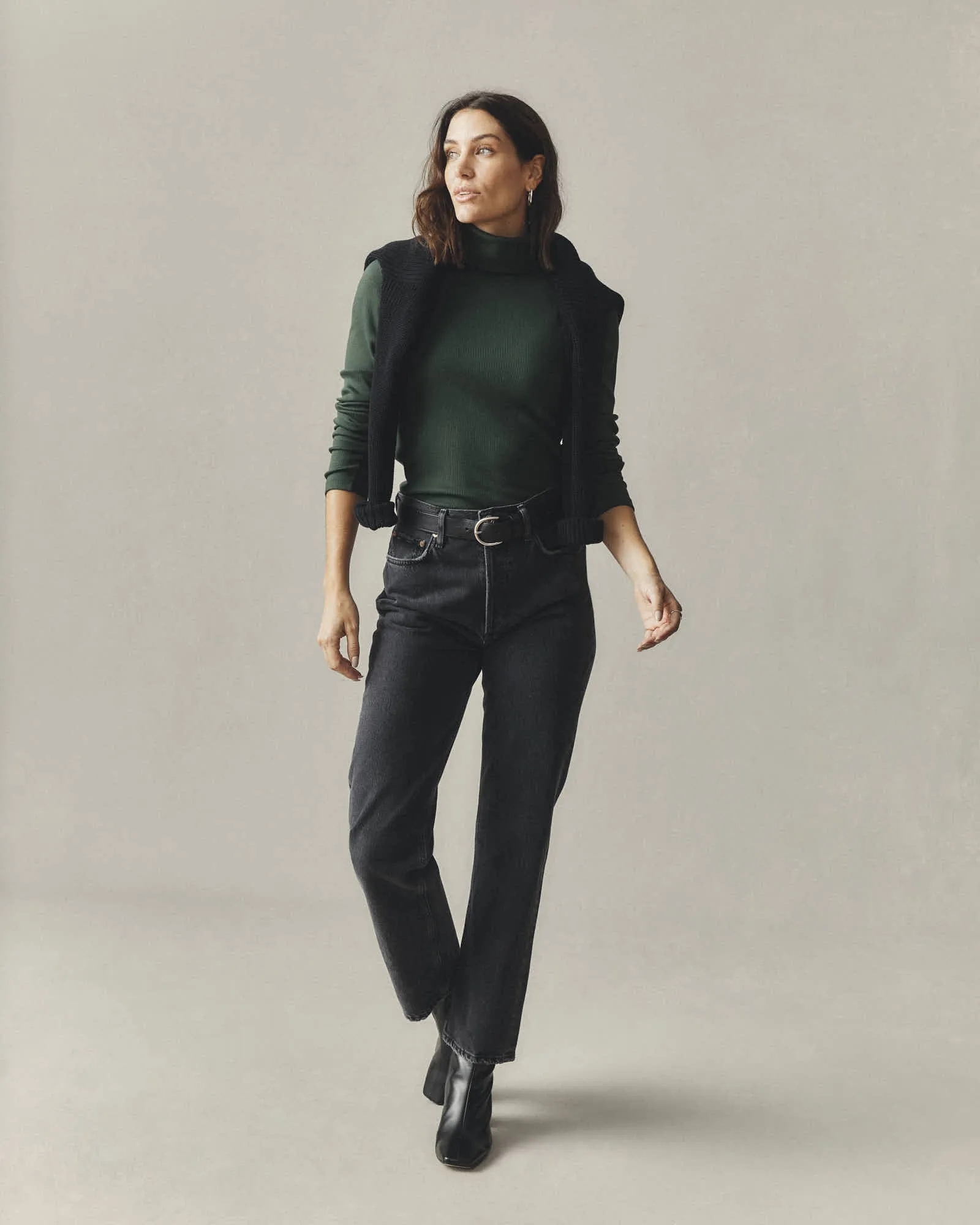 Stretch Rib Turtleneck - Green Moss