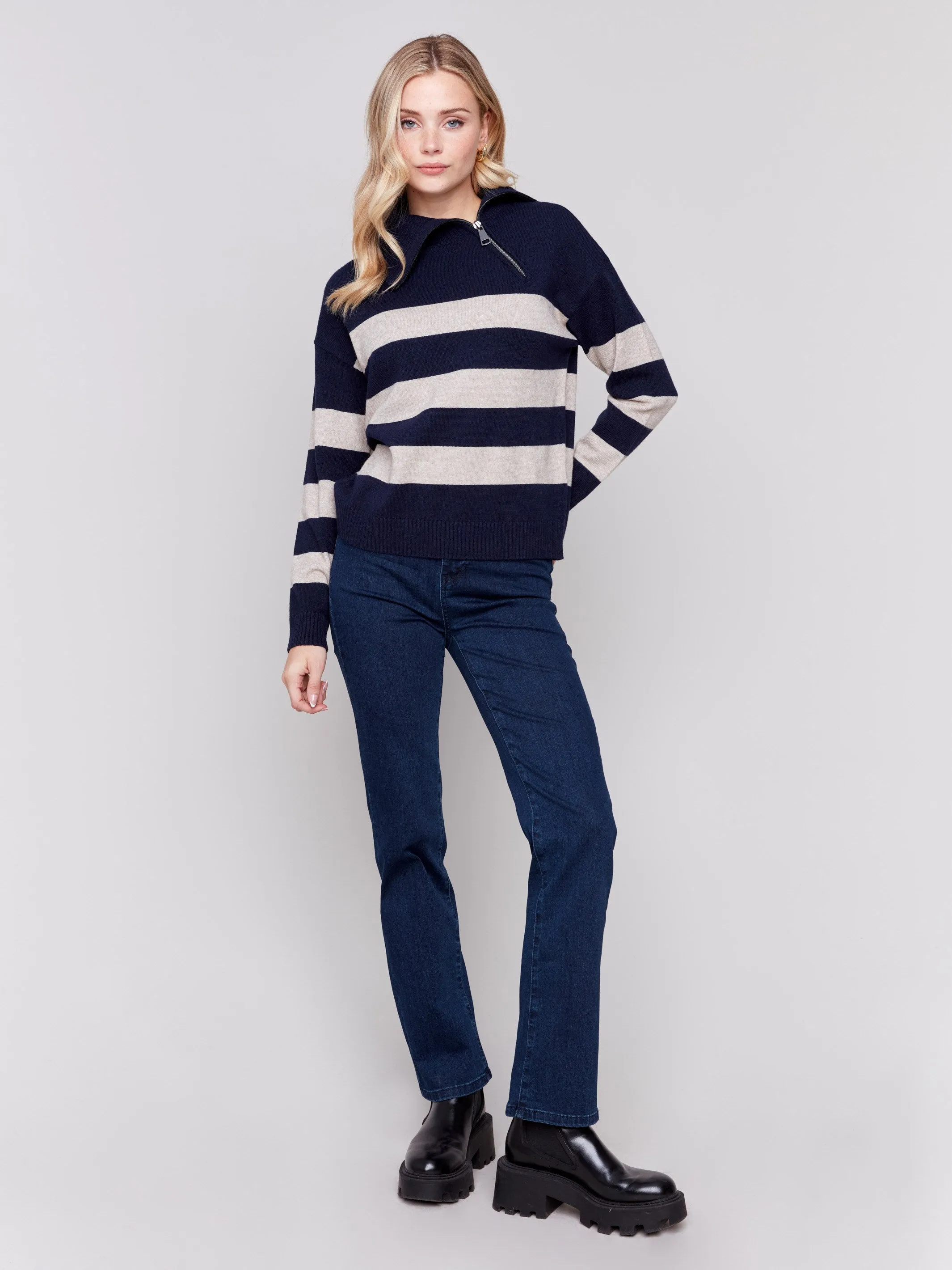 Striped Turtleneck Sweater with Zipper Detail - Navy