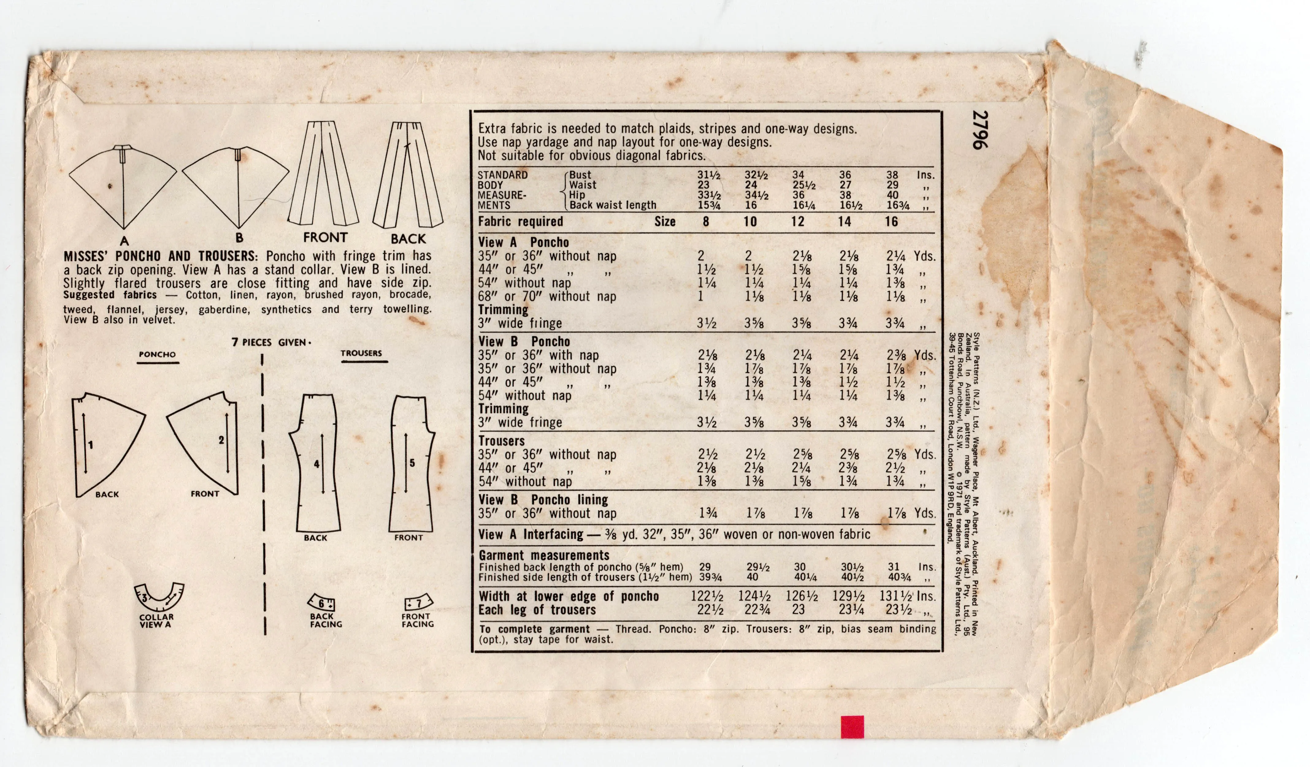 Style 2796 Womens Poncho / Beach Cover Up & Pants 1970s Vintage Sewing Pattern Size 12 Bust 34 Inches