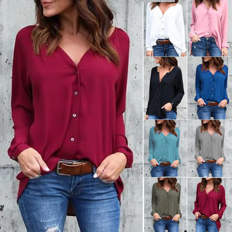 V-neck pleated button shirt