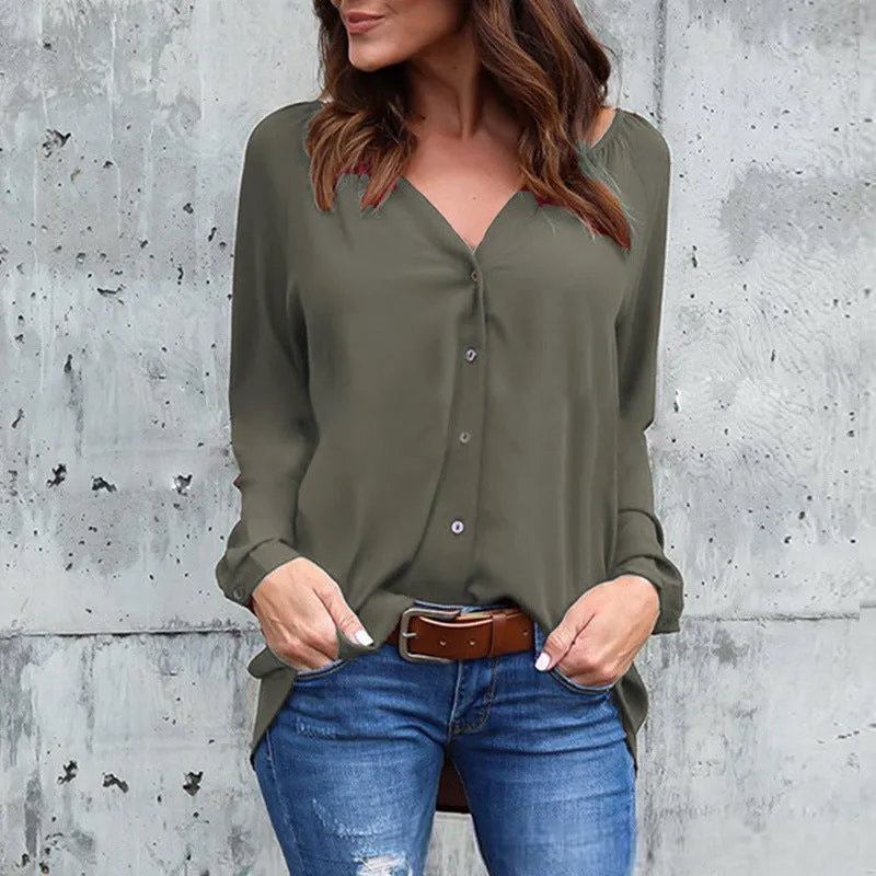 V-neck pleated button shirt