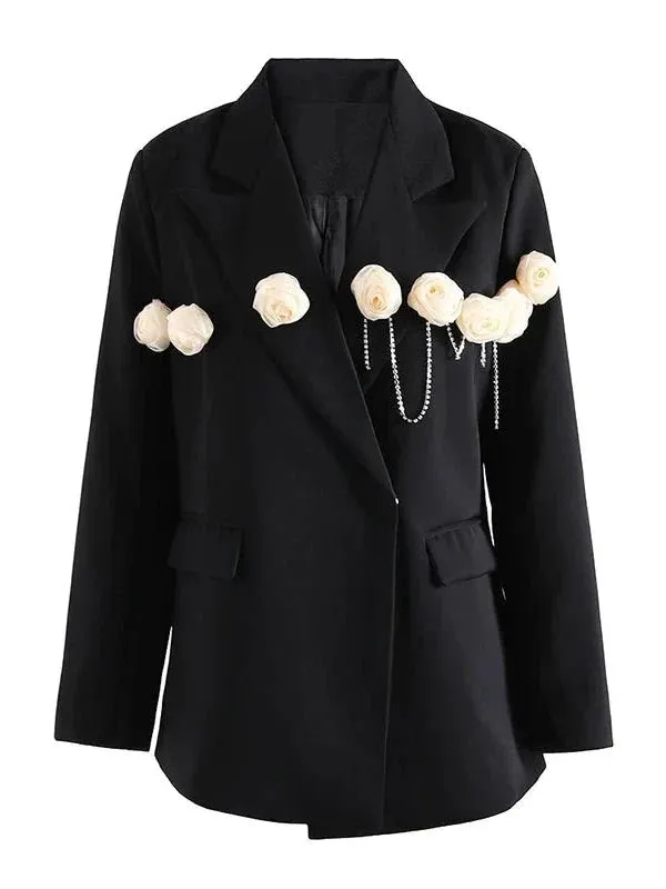 Wenkouban-Winter outfits Christmas Notched Collar Flower Draped Chain Covered Button Blazer