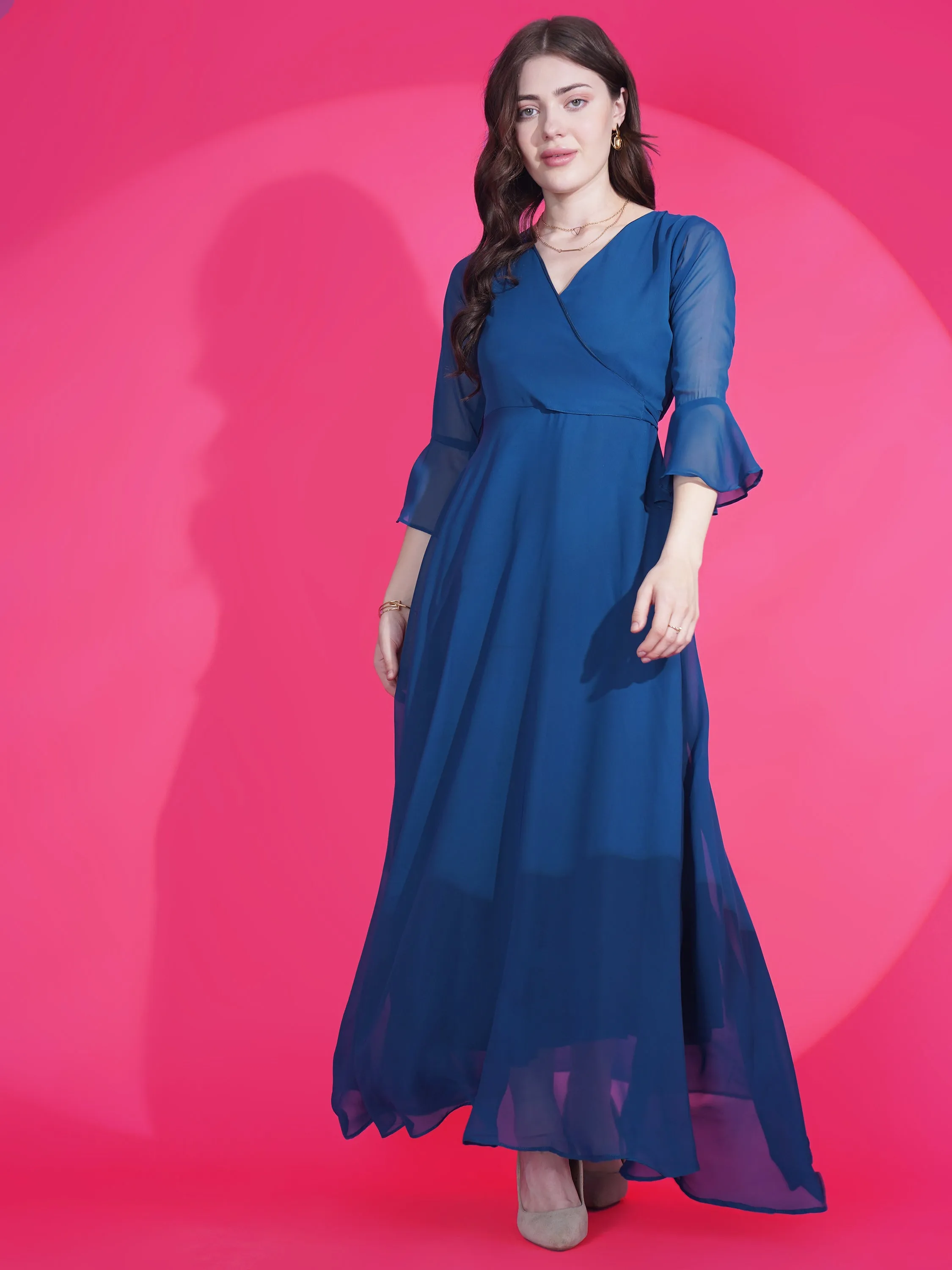 Women Solid V-Neck Flare Sleeve Fit and Flare Maxi Dress