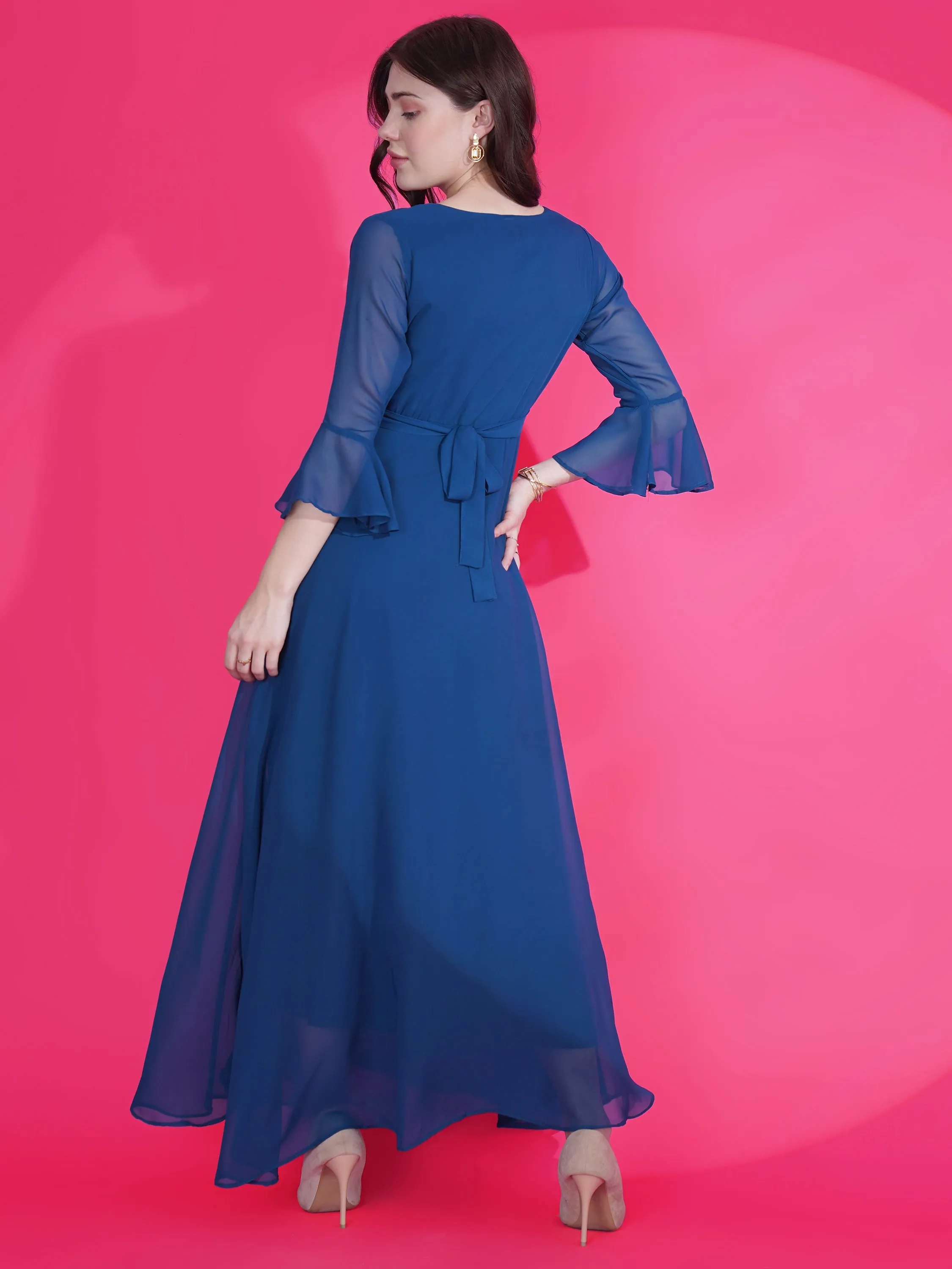 Women Solid V-Neck Flare Sleeve Fit and Flare Maxi Dress