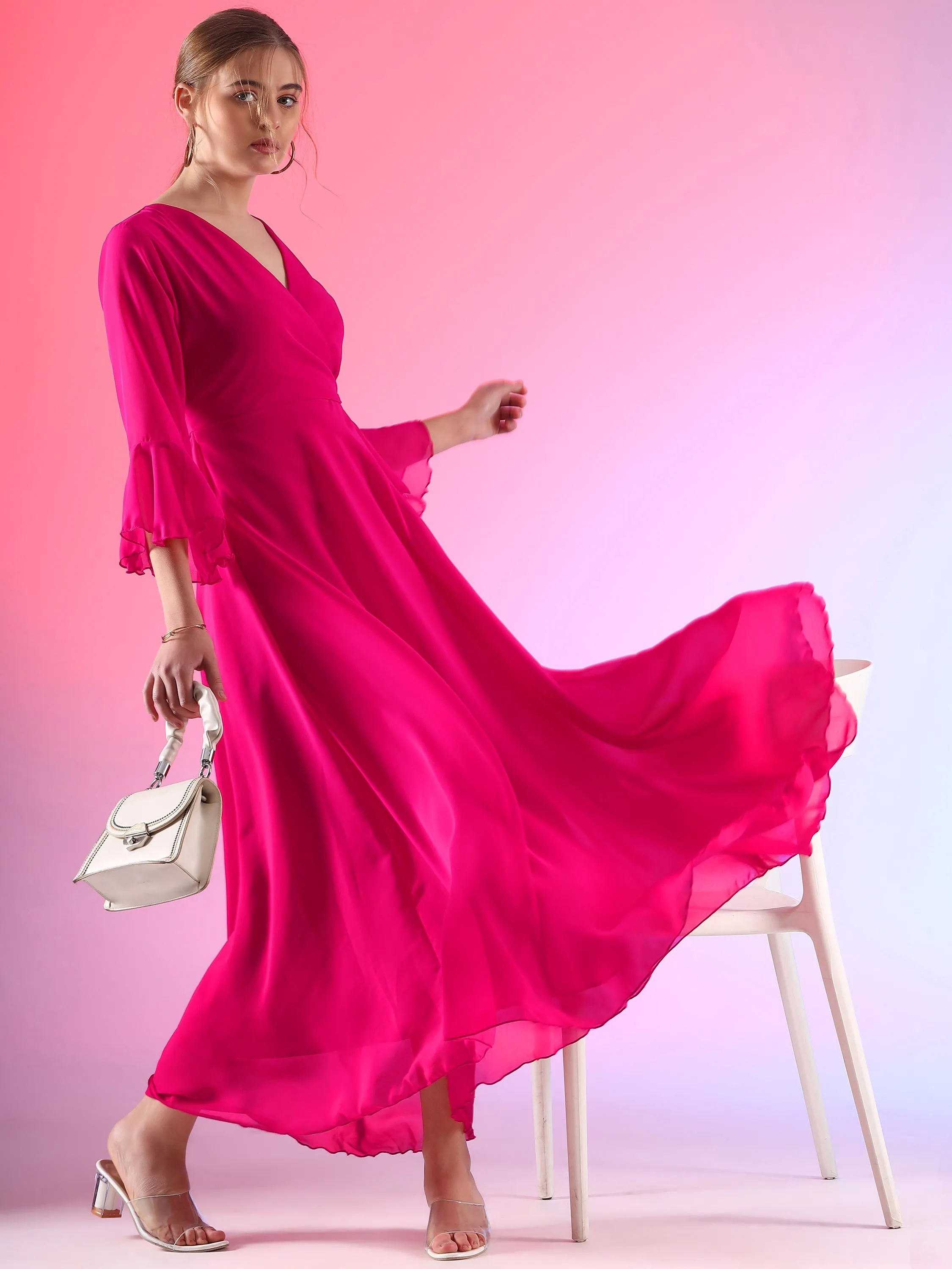 Women Solid V-Neck Flare Sleeve Fit and Flare Maxi Dress