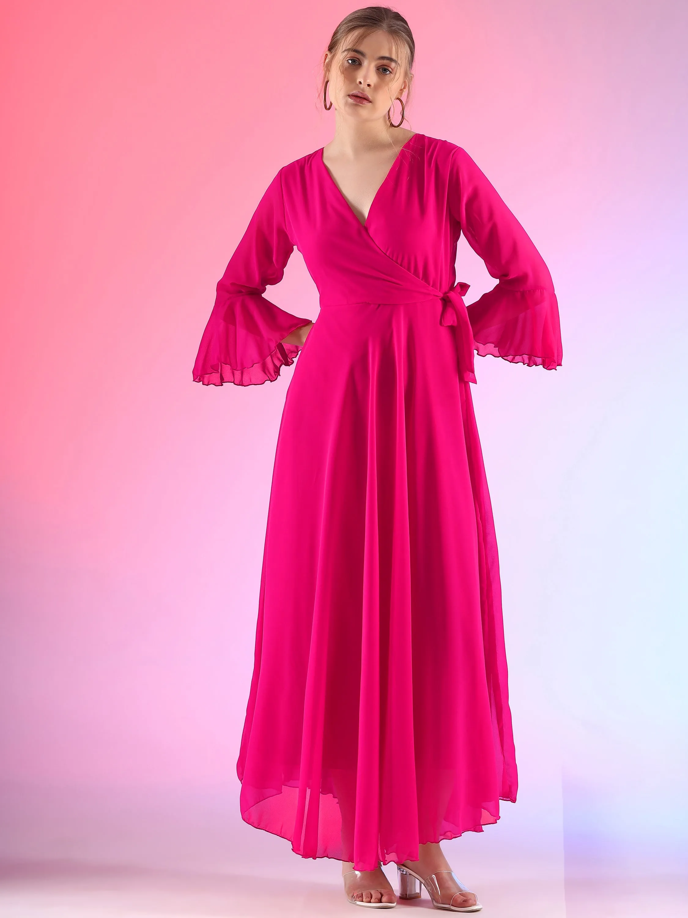 Women Solid V-Neck Flare Sleeve Fit and Flare Maxi Dress