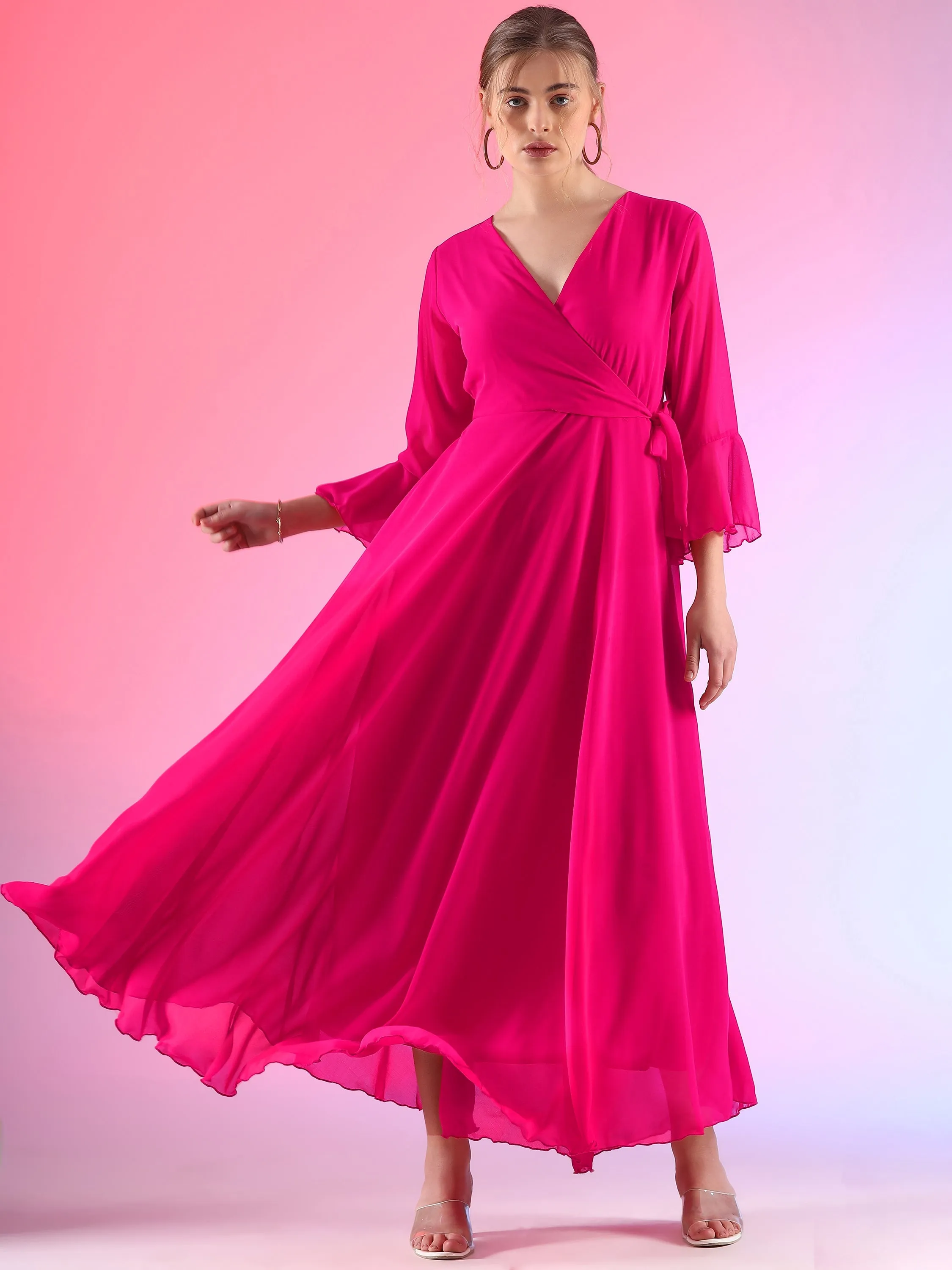 Women Solid V-Neck Flare Sleeve Fit and Flare Maxi Dress