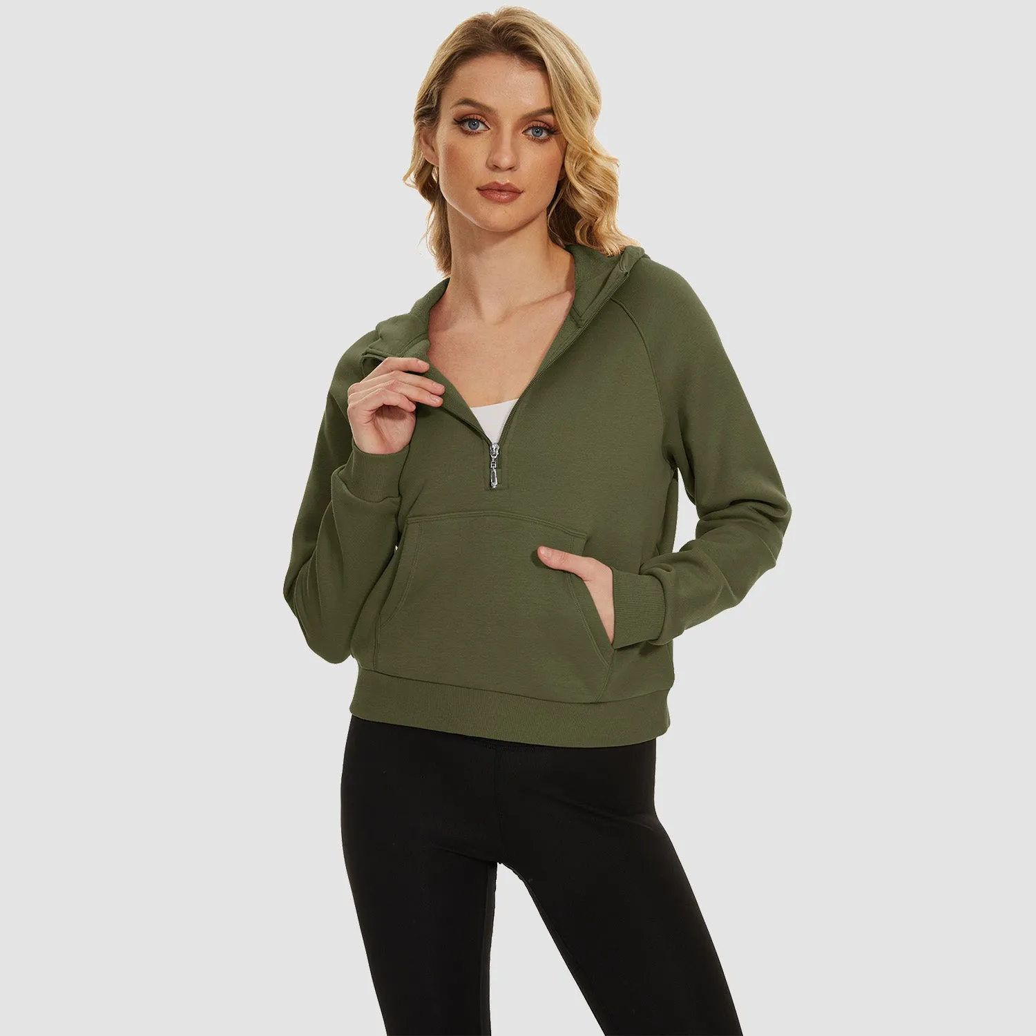 Womens Hoodie Fleece Lined 1/2 Zipper Sweatshirts Long Sleeve Crop Tops With Kangaroo Pocket