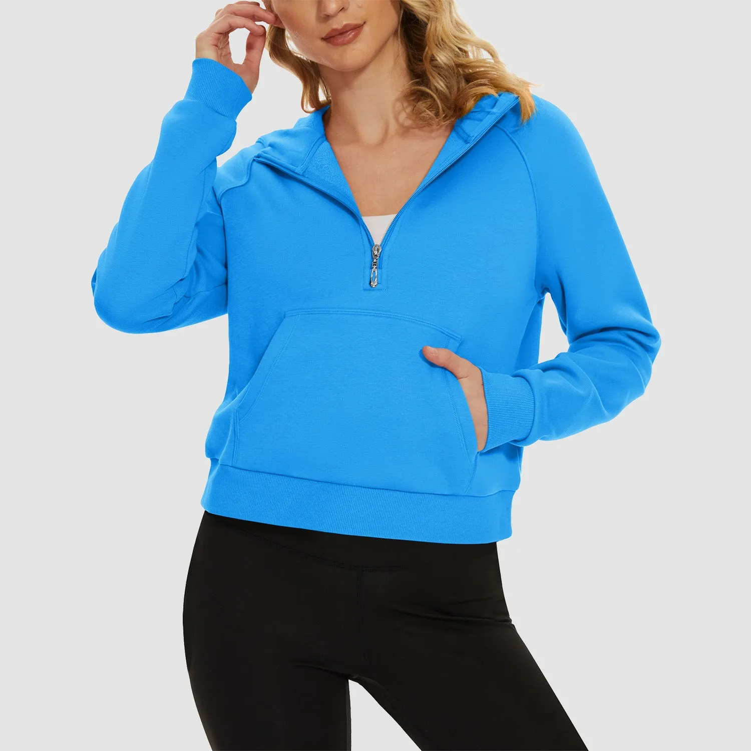 Womens Hoodie Fleece Lined 1/2 Zipper Sweatshirts Long Sleeve Crop Tops With Kangaroo Pocket