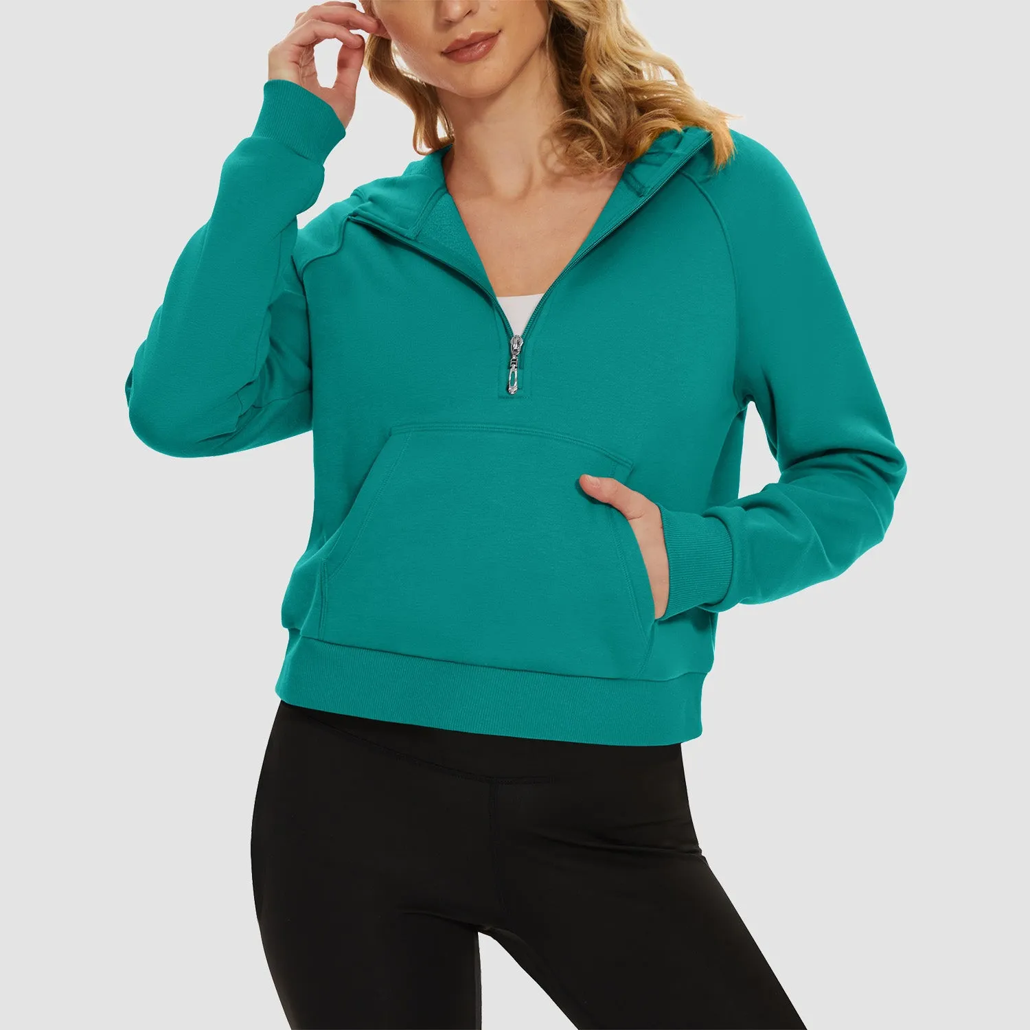 Womens Hoodie Fleece Lined 1/2 Zipper Sweatshirts Long Sleeve Crop Tops With Kangaroo Pocket