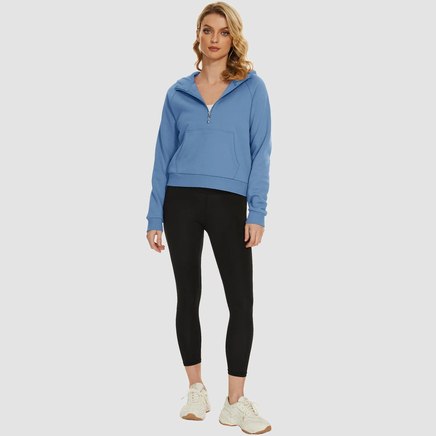 Womens Hoodie Fleece Lined 1/2 Zipper Sweatshirts Long Sleeve Crop Tops With Kangaroo Pocket