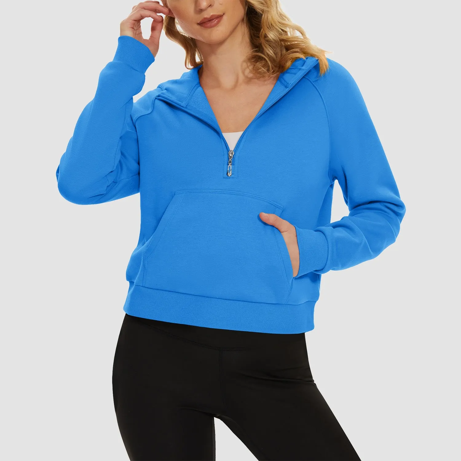 Womens Hoodie Fleece Lined 1/2 Zipper Sweatshirts Long Sleeve Crop Tops With Kangaroo Pocket