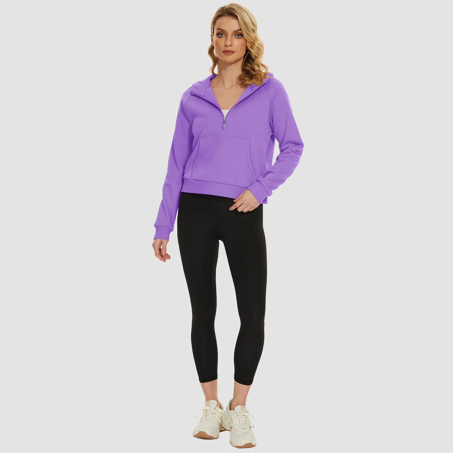 Womens Hoodie Fleece Lined 1/2 Zipper Sweatshirts Long Sleeve Crop Tops With Kangaroo Pocket