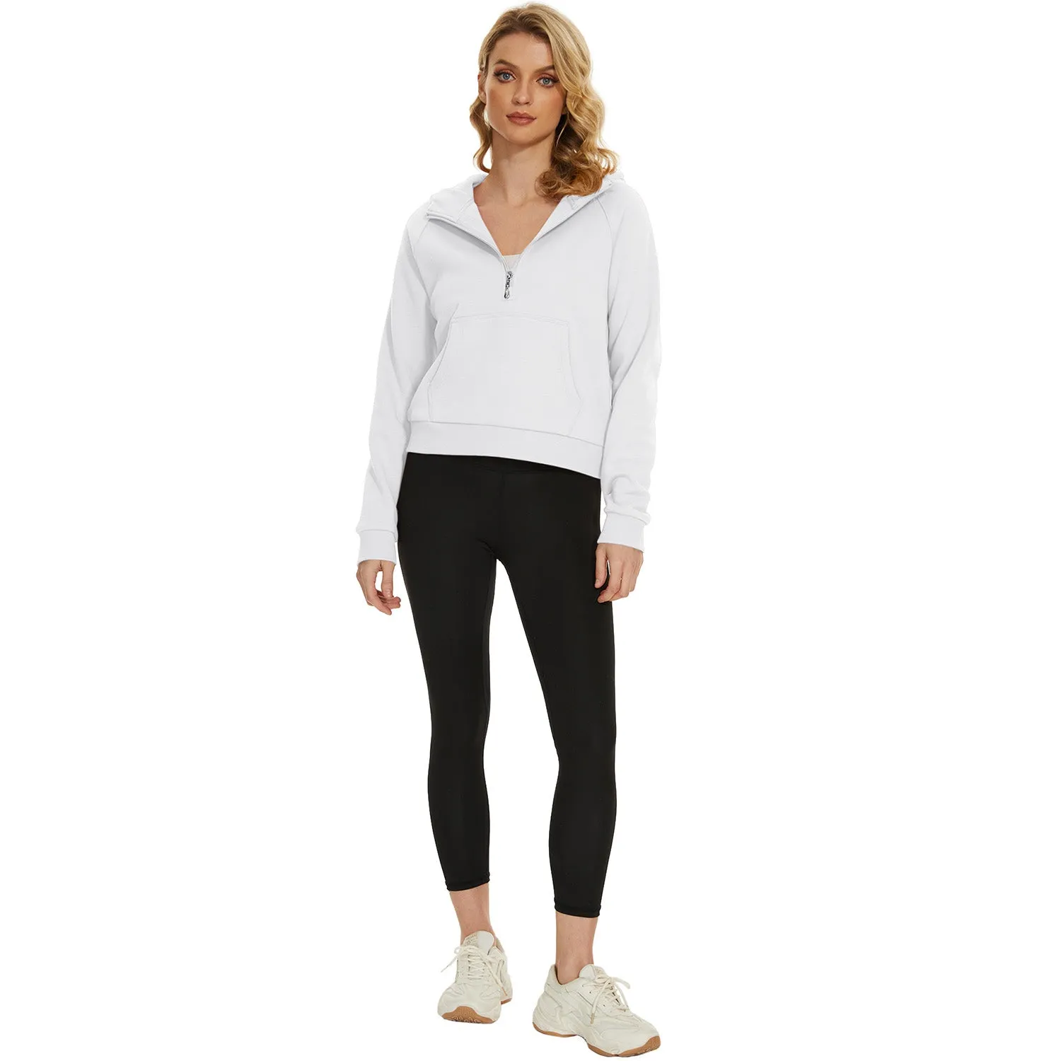 Womens Hoodie Fleece Lined 1/2 Zipper Sweatshirts Long Sleeve Crop Tops With Kangaroo Pocket